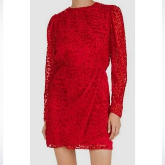 The Kooples red velvet burnout leopard print mini dress with long sleeves size 2 - Picture 1 of 14
